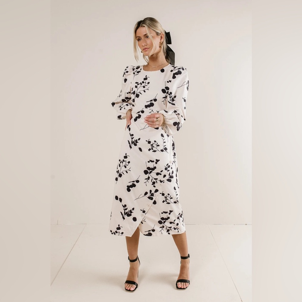 EUC Bohme Hadlee Cream and Black Floral Long Balloon Sleeve Midi Dress - Picture 3 of 12